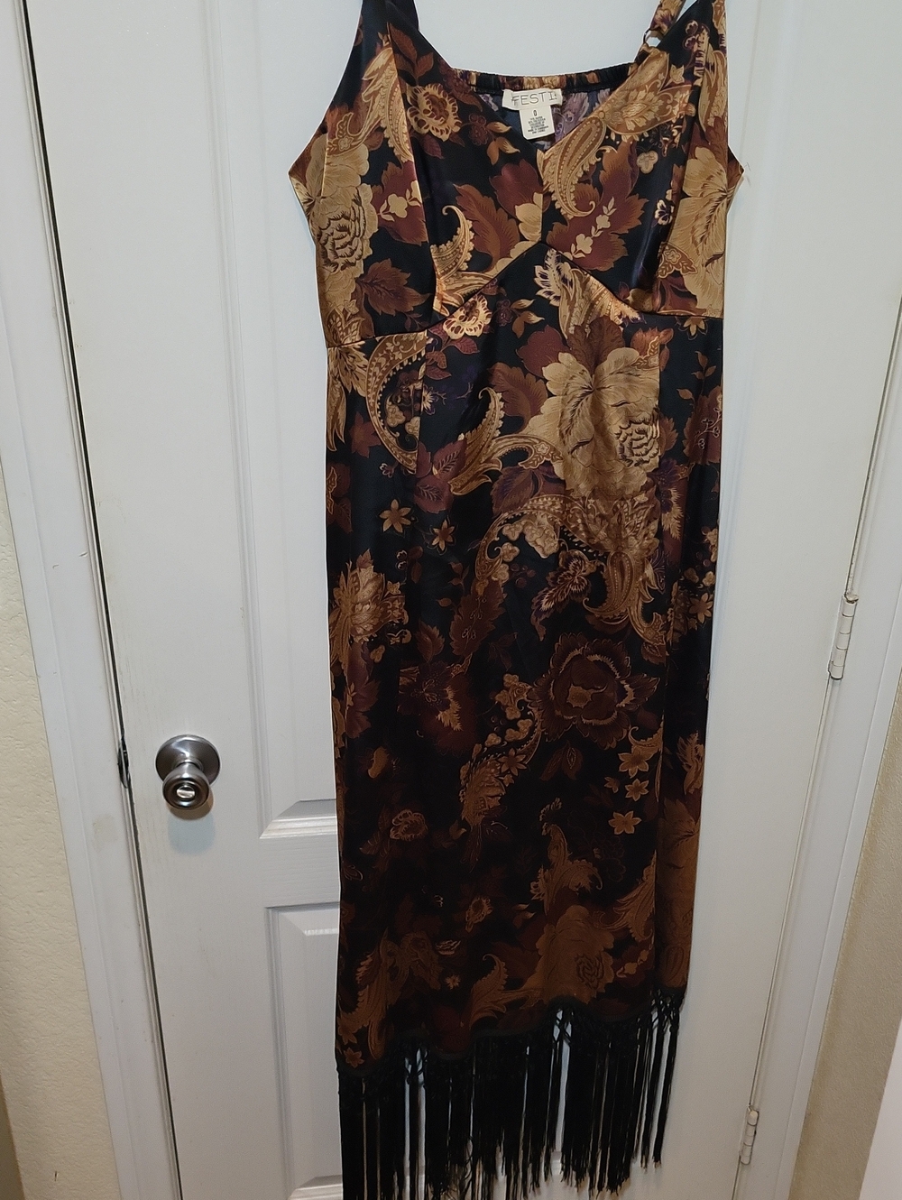 Black and Brown Floral Satin Slip Dress with Fringe